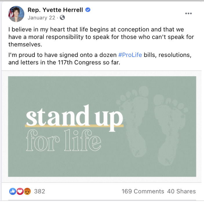 Example of Yvette Herell's commitment to "stand up for life"